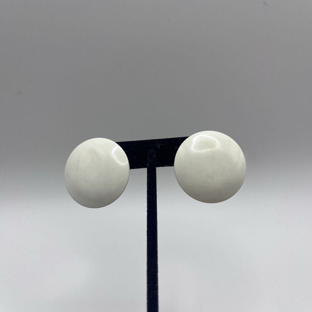 White Domed Button Retro Stud Earrings MCM Style Vintage Costume Jewelry